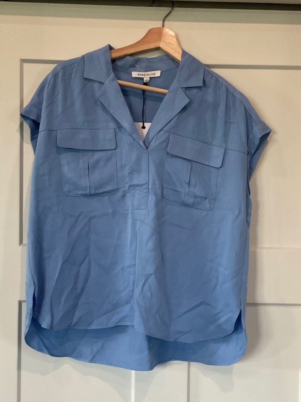 Rose + Olive V Collared Soft Boxy Blouse Top Front Flap Pockets Wide Sleeve